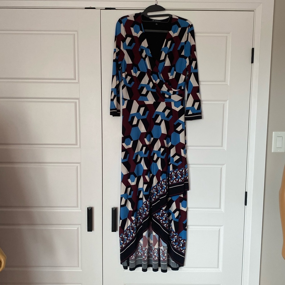 INC multi coloured preloved dress. Soft, stretchy & high low layered tail. Sz M